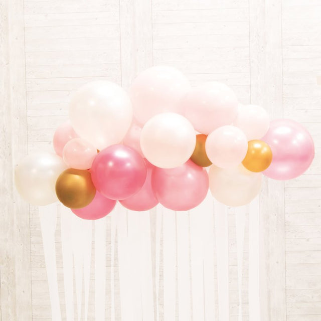 Botanical Celebration Pink Balloon Garland Kit featuring pink and white balloons with streamers for elegant event decor.