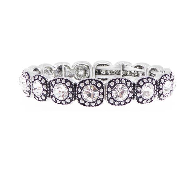 Antique silver square bracelet featuring clear crystals, designed with an elasticated band for easy wear.