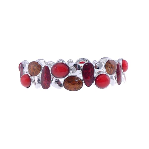 Elasticated bracelet featuring vibrant red and orange oval beads, perfect for adding a pop of color.