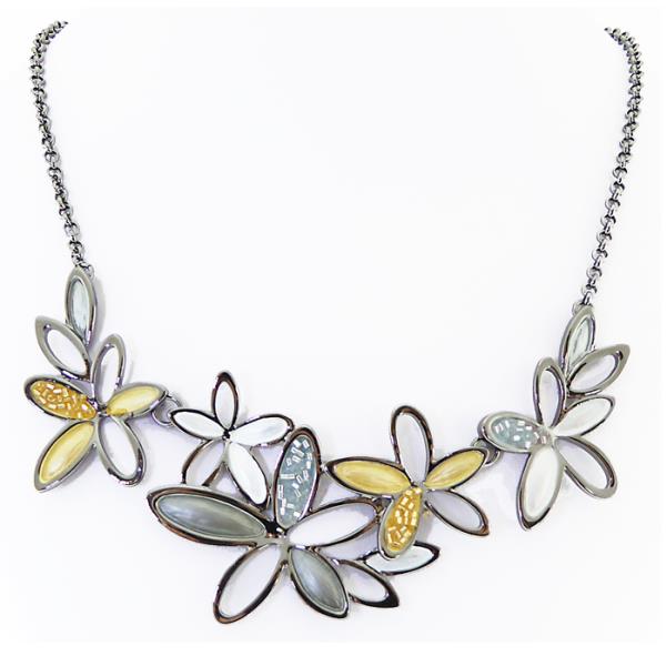 Necklace - Gunmetal Plating: Flowers in Silver