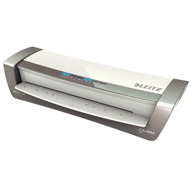 High-performance A3 laminator with quick 1-minute heat-up, low energy use, and starter pouch kit for easy document protection.