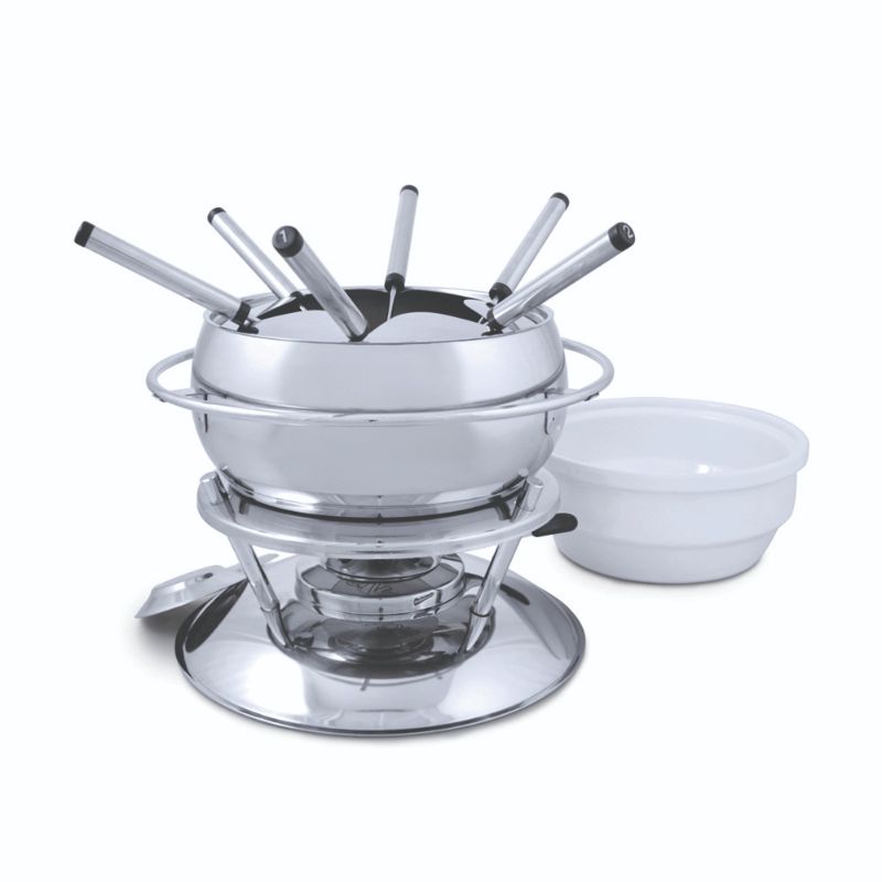 Swissmar Zuri 11pc stainless steel fondue set with elegant pot, ceramic insert, and versatile cooking options for cheese, meat, and chocolate.