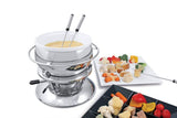 Swissmar Zuri 11pc stainless steel fondue set with ceramic insert for cheese, meat, and chocolate, ideal for gatherings.