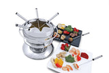 Swissmar Zuri 11-piece stainless steel fondue set with ceramic insert for cheese, meat, and chocolate, perfect for gatherings.