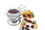 A stylish 11-piece Swissmar Zuri fondue set featuring a stainless steel pot and ceramic insert for cheese, meat, and chocolate fondues.