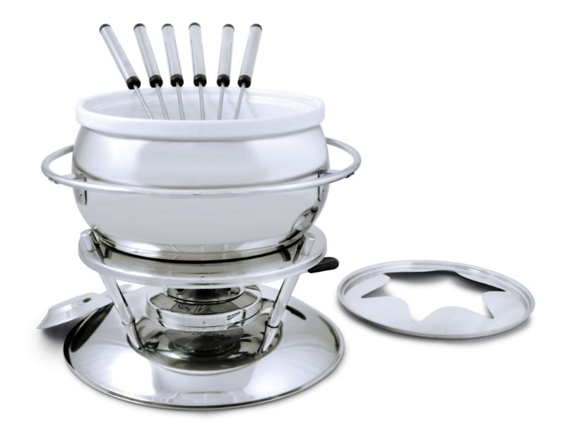 Elegant Swissmar Zuri stainless steel fondue set with 11 pieces for cheese, meat, and chocolate fondue experiences.