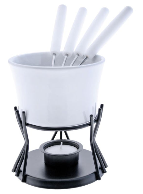 Chocolate fondue set with a ceramic bowl, metal stand, and 4 stainless steel forks for indulging in melted chocolate.