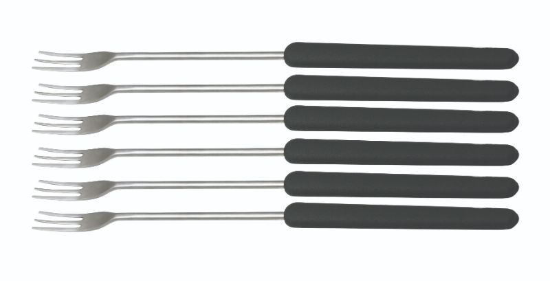 Set of 6 Swissmar Black Cheese Fondue Forks with heat-resistant handles and numbered tines for easy use during fondue dining.