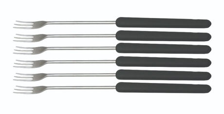 Set of 6 Swissmar Black Cheese Fondue Forks with heat-resistant handles and numbered tines for easy use during fondue dining.