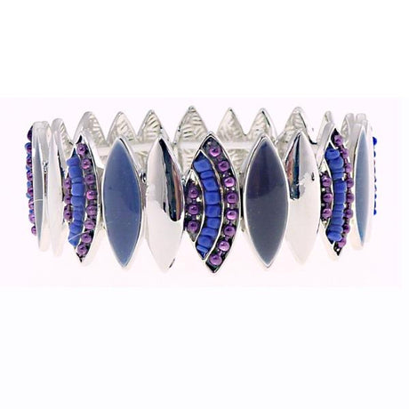 Elasticated bracelet featuring charcoal, silver, blue, and purple ellipses beads.