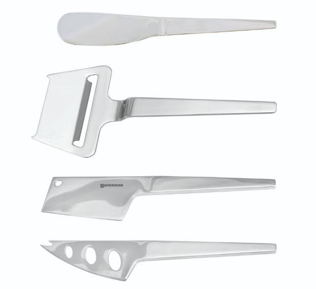 4-piece Swissmar Slim Line cheese knife set in high-polished stainless steel, featuring modern designs for effortless cheese serving.