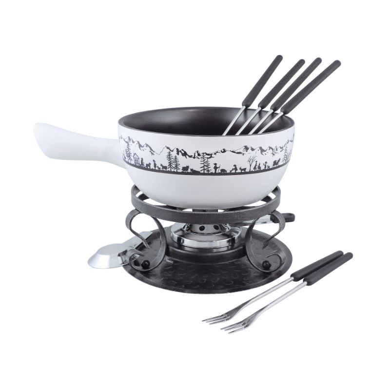 Swissmar Heidi Ceramic Fondue Set, 9 pieces, featuring a black/white pot, stainless steel forks, and wrought iron rechaud for fondue fun.