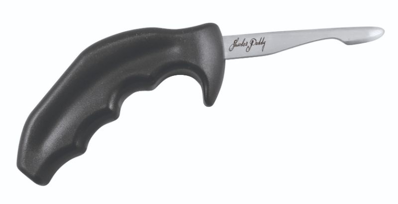 Sleek black Swissmar Shucker Paddy Oyster Knife with dual-axis design and 3-inch stainless steel blade for effortless shucking.