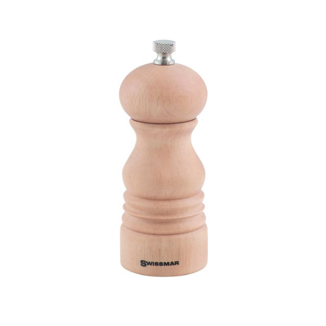 Natural European beech wood pepper mill with red casing, features precise grind adjustment for perfect seasoning.