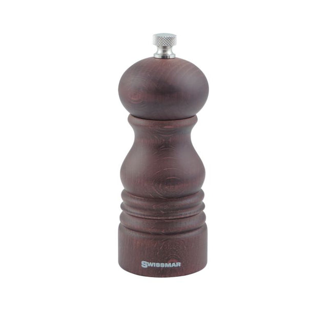 Stylish 14cm Swissmar Castell Walnut Pepper Mill in rich walnut finish with adjustable grind size and easy filling ring.