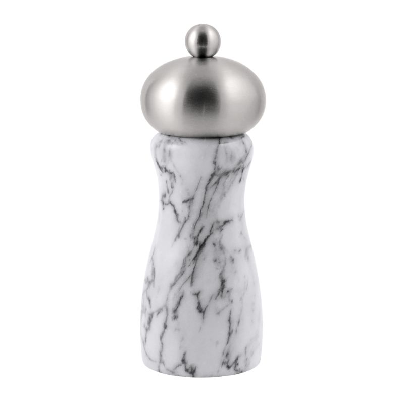 Swissmar Arctic White Marble Pepper Mill, 15cm, features a durable ceramic grinder with adjustable settings for perfect seasoning.