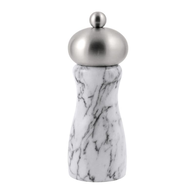 Swissmar Arctic White Marble Pepper Mill, 15cm, features a durable ceramic grinder with adjustable settings for perfect seasoning.