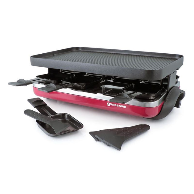 Swissmar Raclette Valais 8-person grill in red with reversible cast aluminum plate, non-stick pans, and adjustable thermostat.