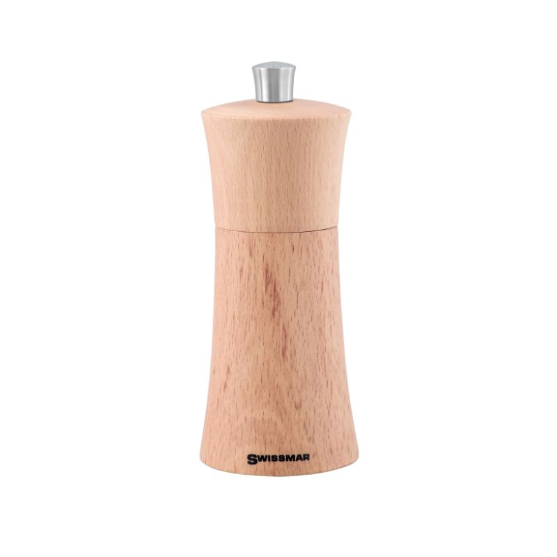 Natural wood pepper mill by Swissmar, 15cm tall, features adjustable ceramic grinder for spices and stylish table decor.