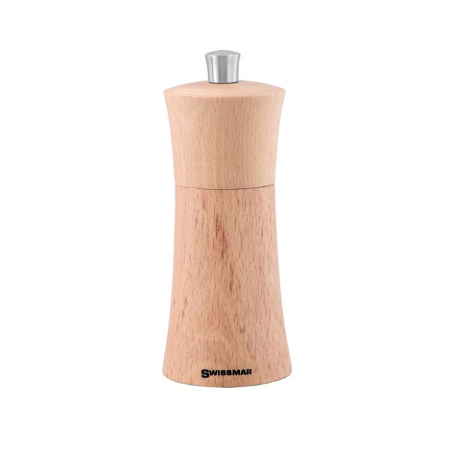 Natural wood salt mill from Swissmar, 15cm tall with adjustable ceramic grinder for customizable coarseness.