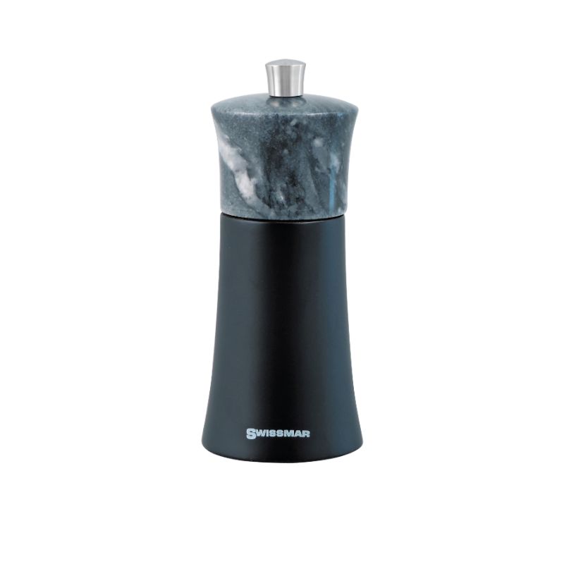 Sleek black matte Swissmar Torre Pepper Mill with granite top, 15cm, for precise grinding of pepper, salt, and herbs.