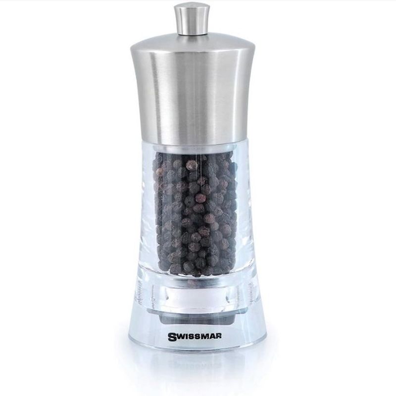 Elegant 15cm acrylic and stainless steel pepper mill with ceramic grinder, perfect for enhancing any dining experience.