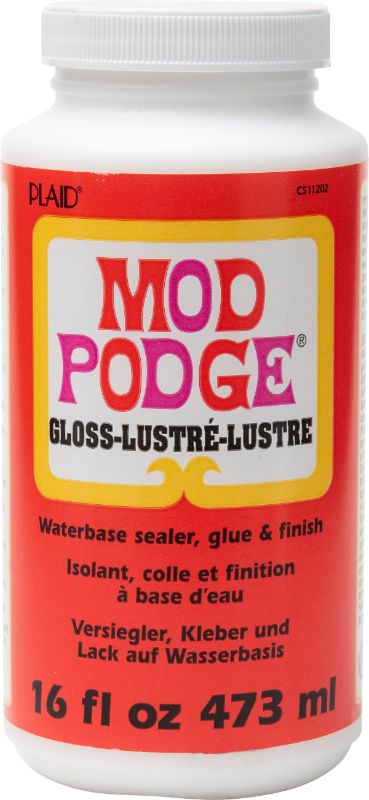 Mod Podge Gloss 8oz bottle, all-in-one glue for decoupage, offers quick-drying, clear finish for versatile crafting projects.