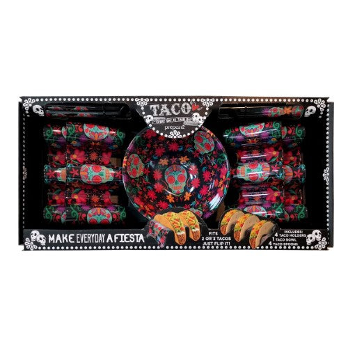 Colorful melamine taco gift box set with holders, spoons, and bowl, perfect for Day of the Dead celebrations.