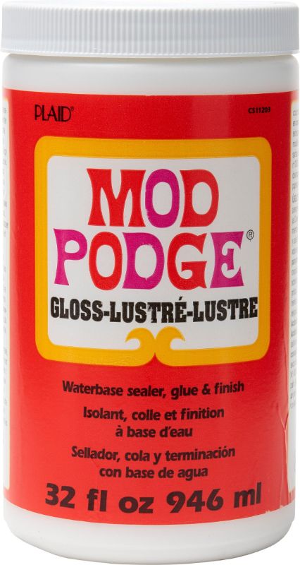 Mod Podge Gloss 16oz bottle for versatile crafting, promoting adhesion, sealing, and glossy finishes on various surfaces.