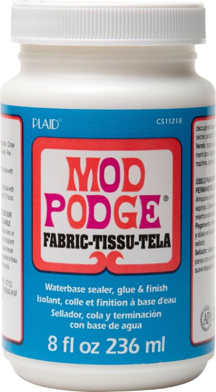 Mod Podge Fabric 8oz bottle, all-in-one glue for fabric projects, dries clear with a glossy finish, machine washable, non-toxic.