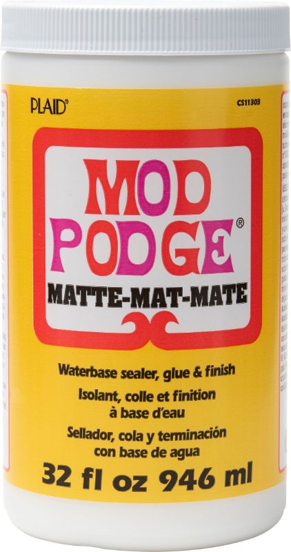 Mod Podge Matte 16oz bottle for decoupage, offering quick-drying, clear matte finish for various surfaces and easy cleanup.