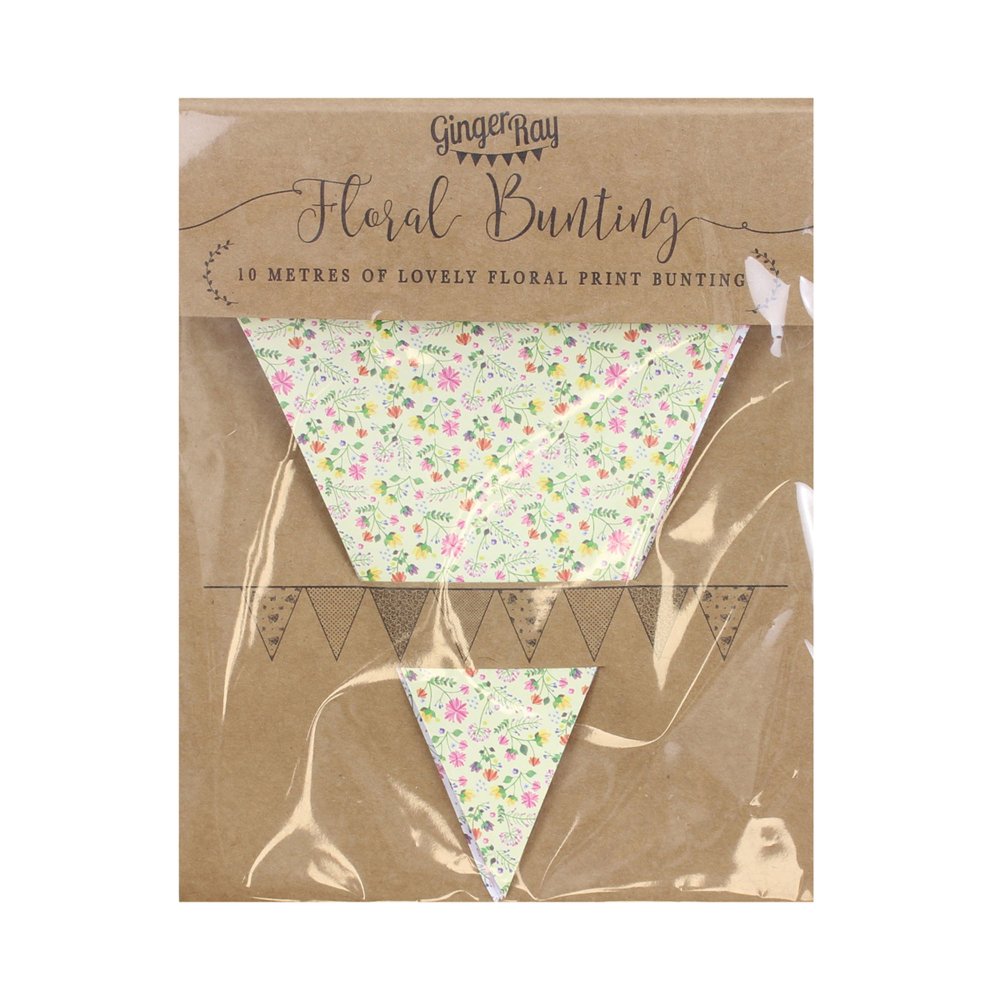 Rustic Country Floral Bunting featuring vibrant floral patterns, perfect for weddings and decor, measures 10 meters long.