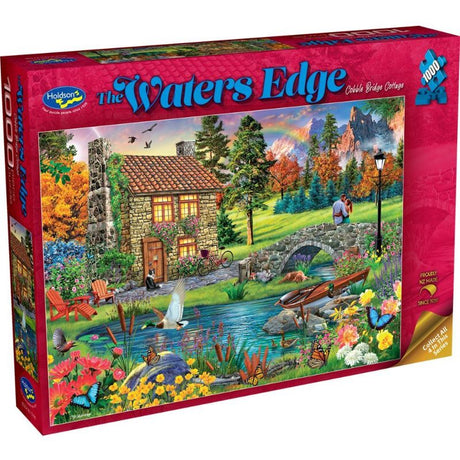 A 1000-piece puzzle featuring a whimsical cottage by a cobble bridge, designed for creative relaxation and eco-friendly fun.