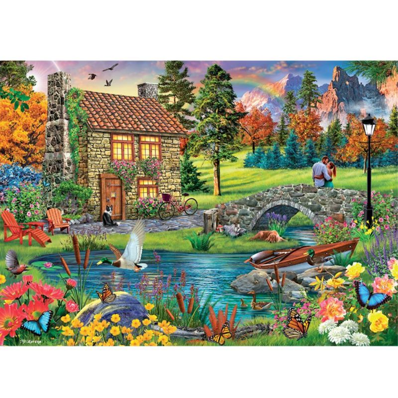 Whimsical 1000pc puzzle of Cobble Bridge Cottage, showcasing serene nature and eco-friendly materials, perfect for all ages.