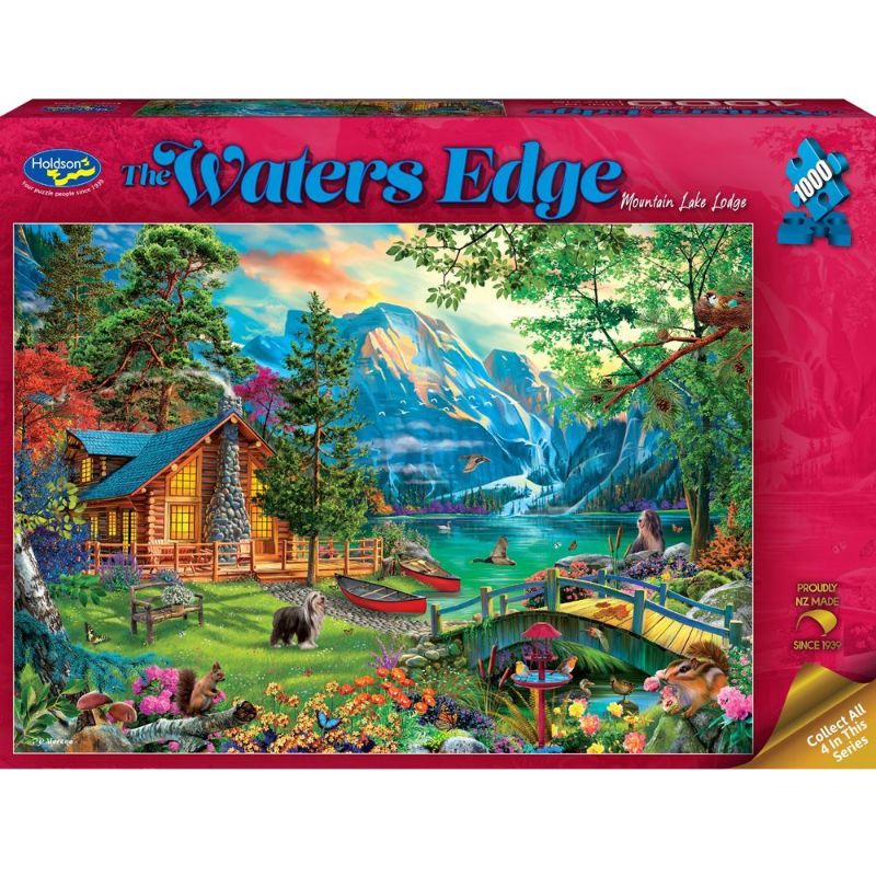 A 1000-piece jigsaw puzzle of a serene mountain lake scene, eco-friendly, made in New Zealand. Perfect for nature lovers.