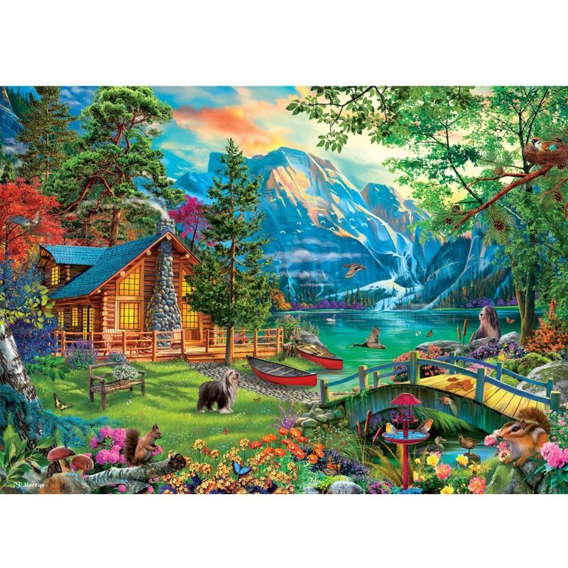 Scenic mountain lake puzzle featuring lush greenery and wildlife; 1000 pieces made from eco-friendly materials.