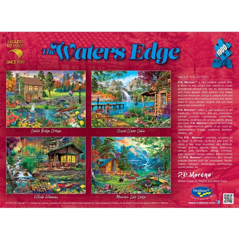 Jigsaw puzzle featuring serene mountain lake scene, 1000 pieces, made in New Zealand with eco-friendly materials.