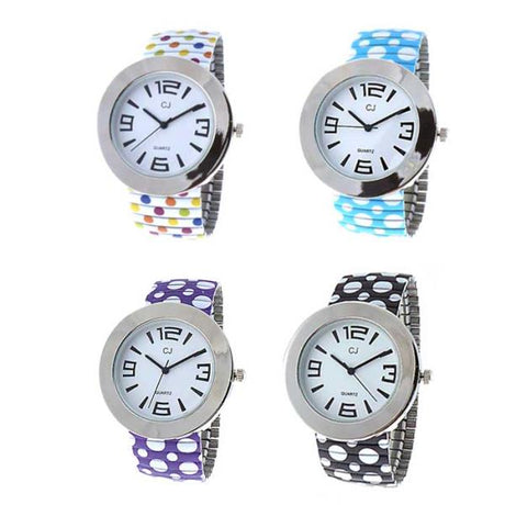 Colorful CJ Polka Dot Set of 4 watches with silver case, white face, and expandable polka dot strap for stylish timekeeping.