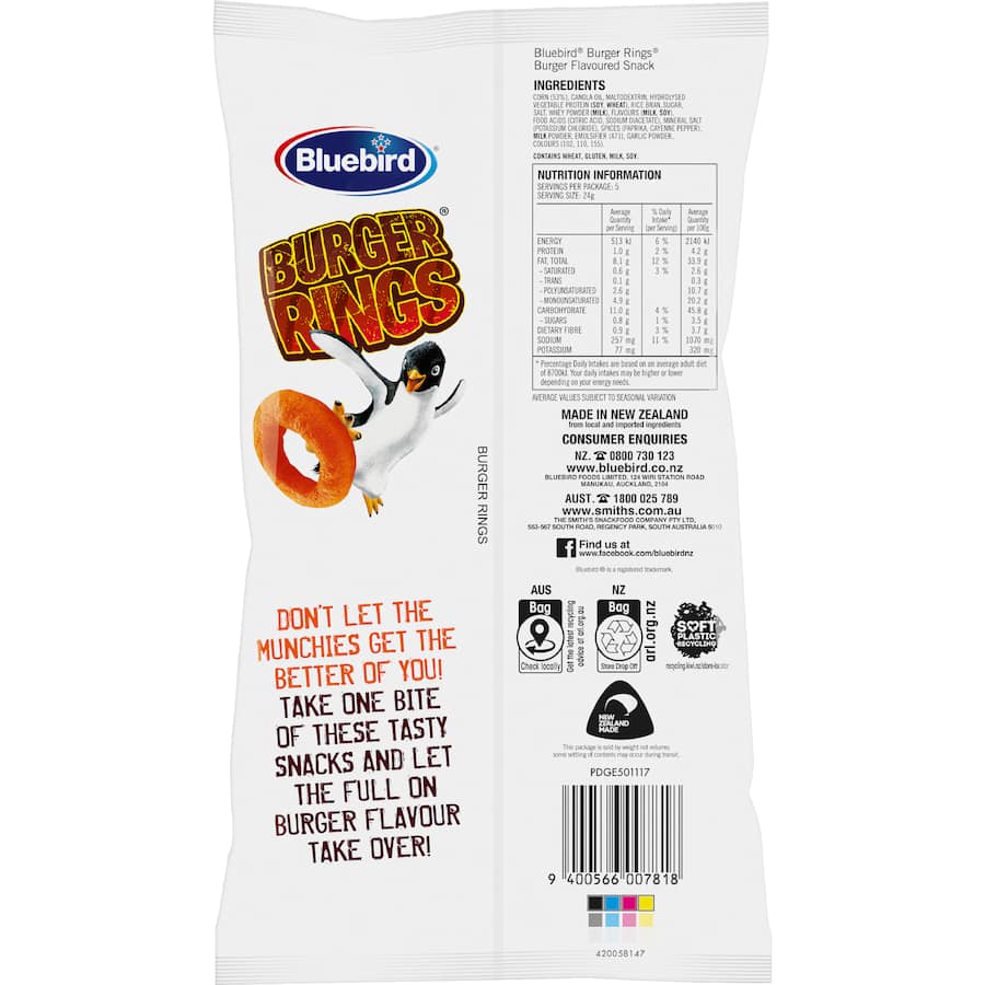 Bluebird Burger Rings Corn Snacks Full On Flavour - 120g