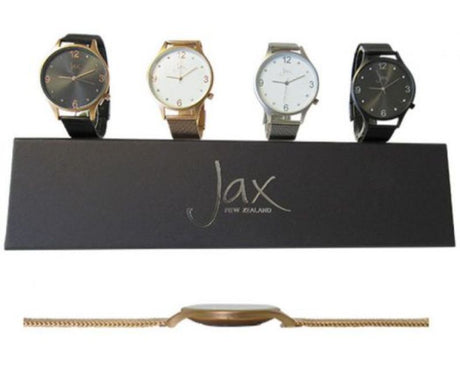 Elegant set of 4 Jax Diam Slim watches with 8-diamante accents and durable mesh bands, perfect for any occasion.