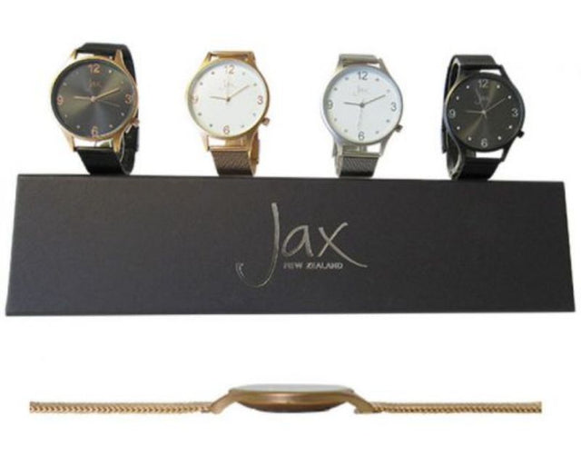 Elegant set of 4 Jax Diam Slim watches with 8-diamante accents and durable mesh bands, perfect for any occasion.