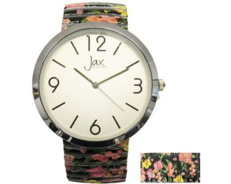 Elegant Jax Red Rose Expand Watch with 40 mm case, clear numbers, and floral expandable strap for comfort and style.