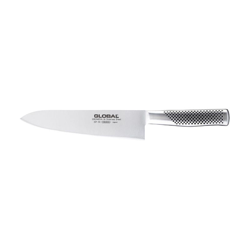 Global Classic 21cm chef's knife with CROMOVA 18 stainless steel blade for precision chopping and slicing, made in Japan.