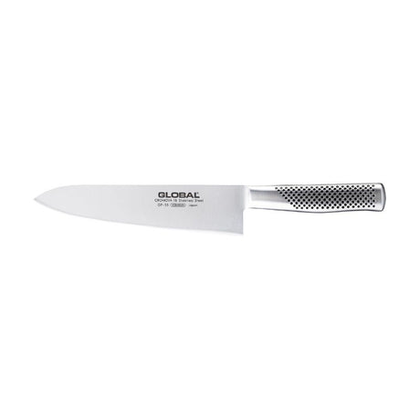 Global Classic 21cm chef's knife with CROMOVA 18 stainless steel blade for precision chopping and slicing, made in Japan.