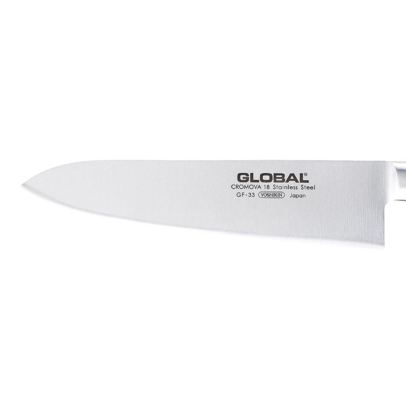 Global Classic 21cm Chef's Knife, features CROMOVA 18 stainless steel, razor-sharp edge, and ergonomic design for effortless use.