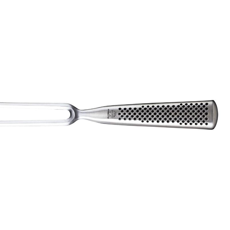 Global Classic Straight Carving Fork with sharp tines for precise meat carving and durable CROMOVA 18 stainless steel.