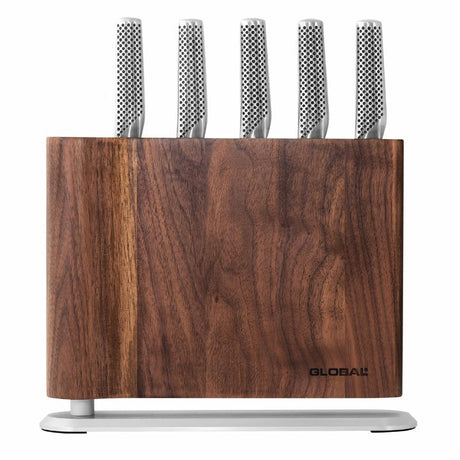 A 6-piece Global UKU Walnut Knife Block Set featuring premium stainless steel knives for culinary excellence.