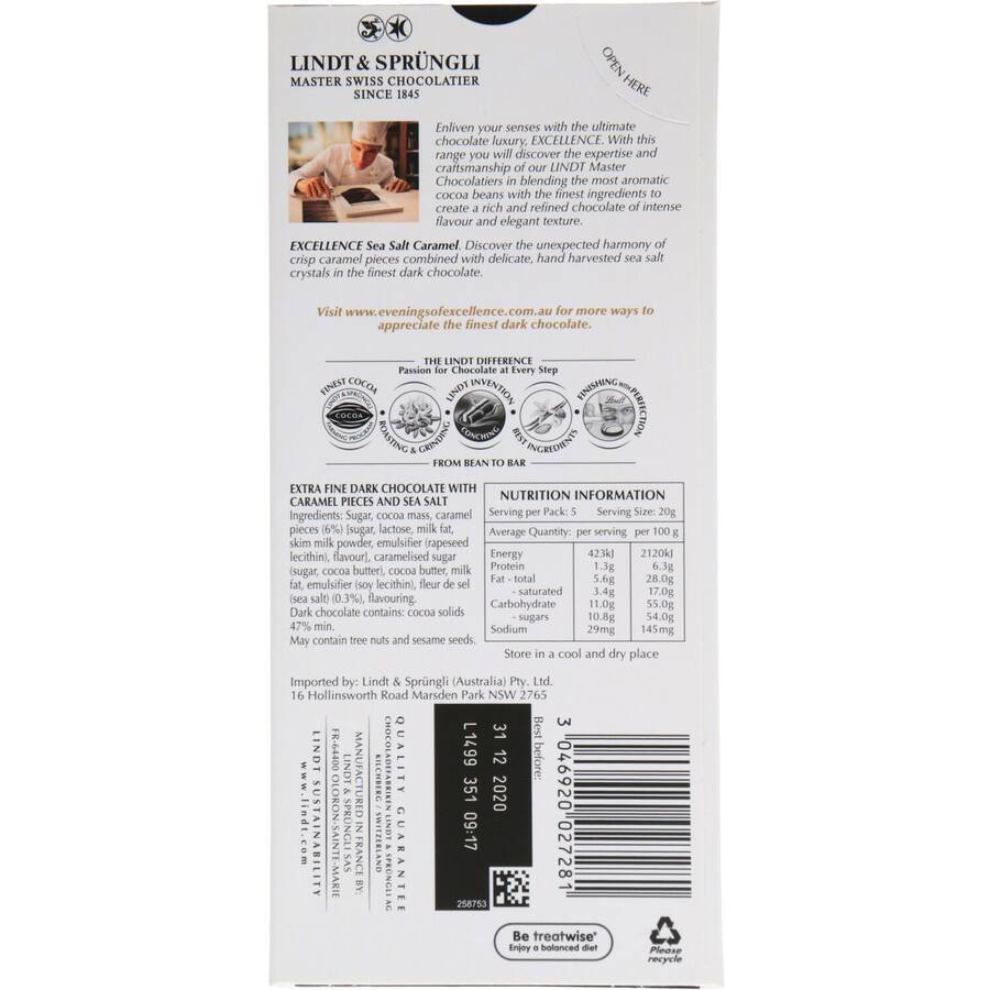 Lindt Excellence Chocolate Block Seasalt & Caramel - 100g
