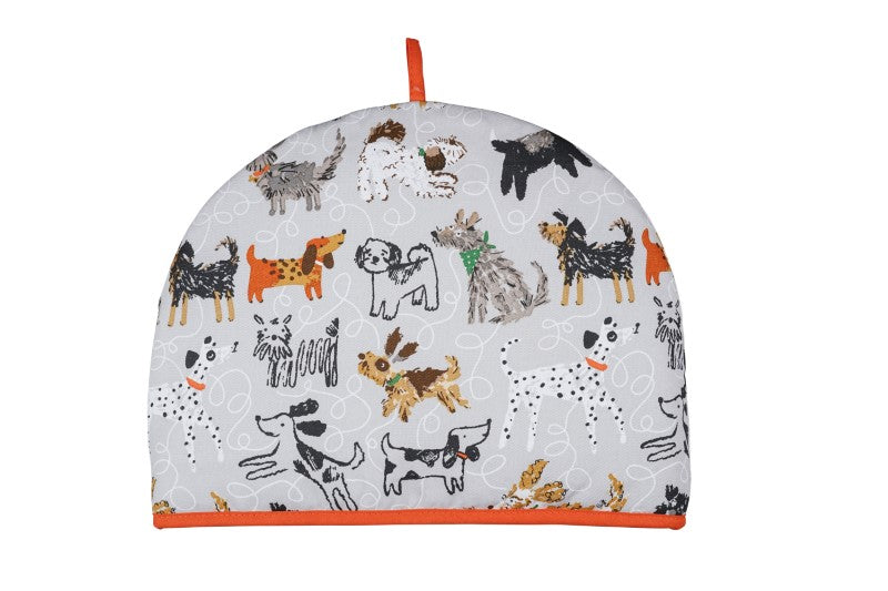 Colorful tea cosy featuring playful dogs and tangled leads, crafted from recycled cotton, perfect for dog lovers.