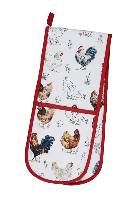 Ulster Weavers Double Oven Glove Farm Birds featuring stylish rooster and hen designs, eco-friendly fabric, and heat resistance.